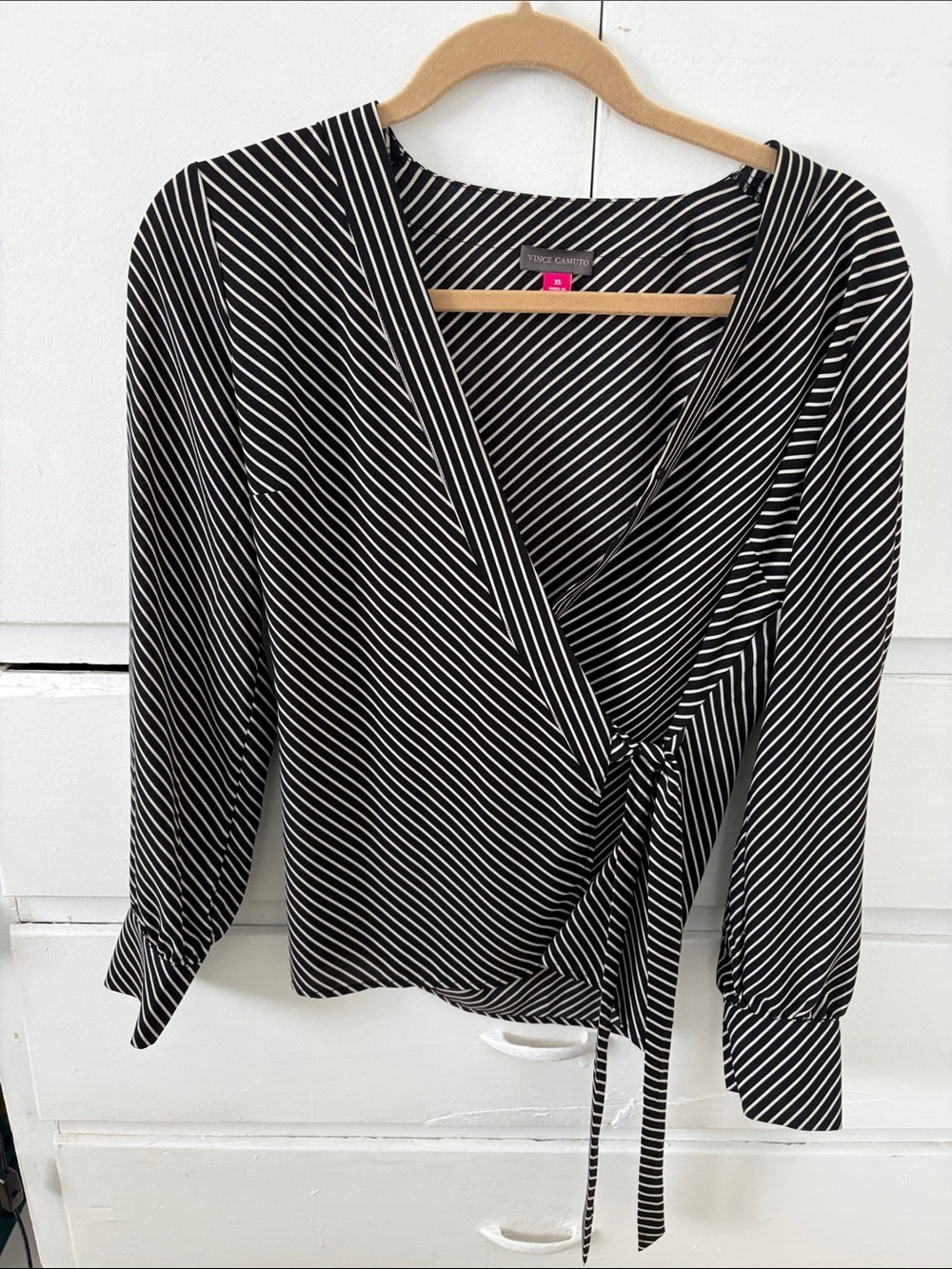 Vince Camuto Black & White Diagonal Stripe Wrap Top